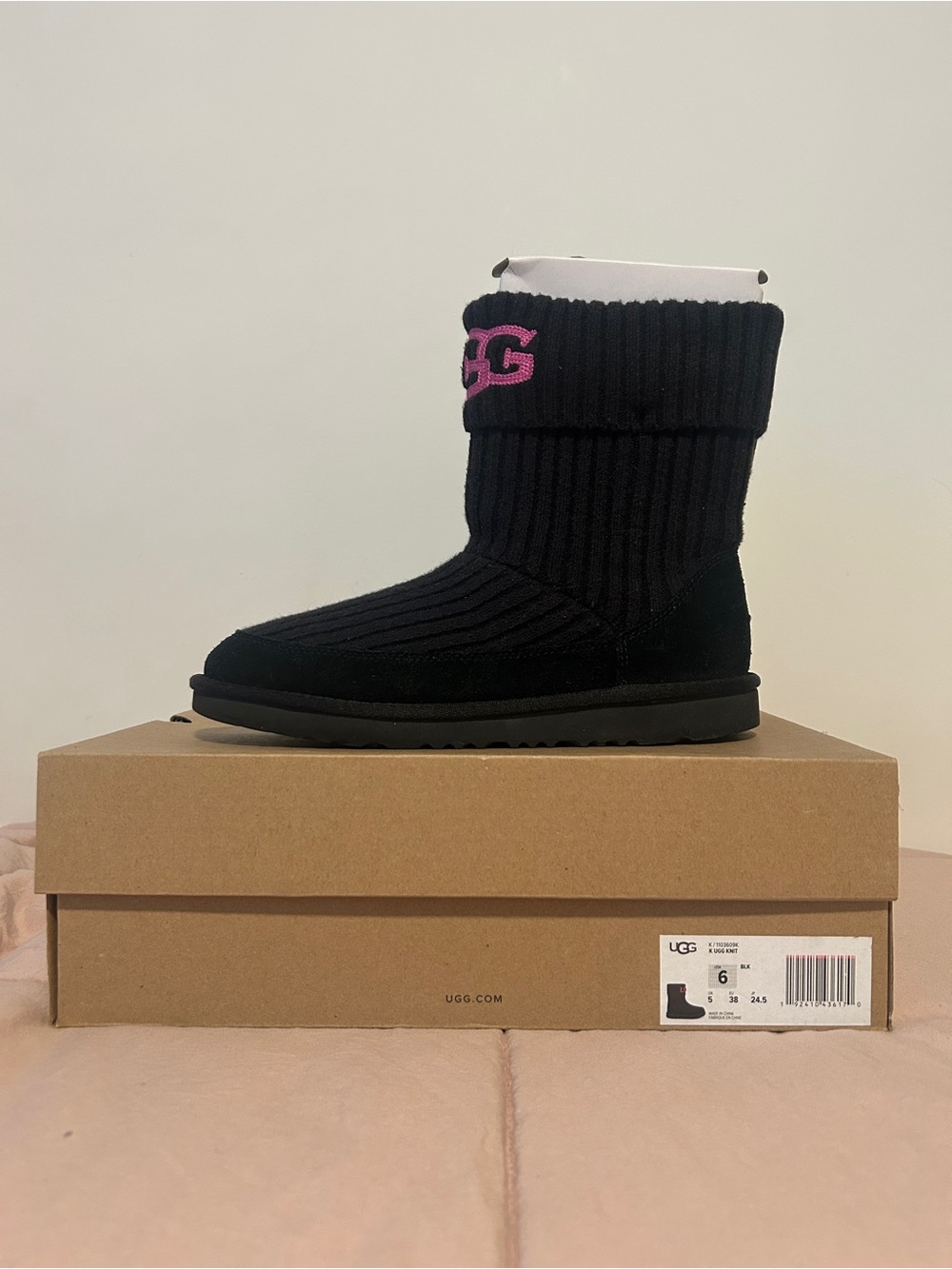 UGG Women's Classic Knit Boots Black with Custom Pink Rhinestone Logo Size 6